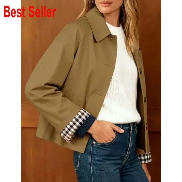 Cropped Trench Coat Oversized Chic Classic Button Down Lapel Jacket - Picture 4 of 8